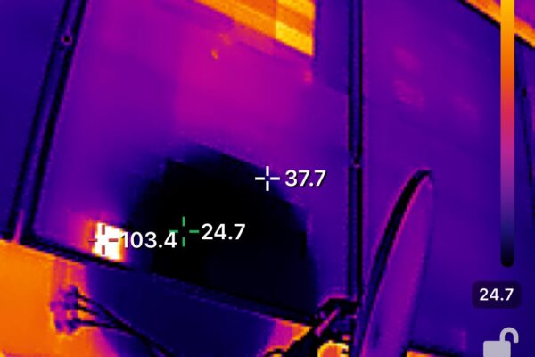 Thermal camera image showing heat in solar equipment during an inspection