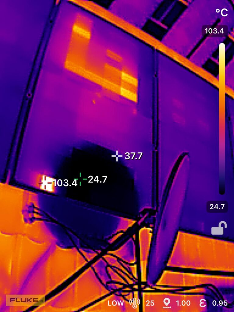 Thermal camera image showing heat in solar equipment during an inspection
