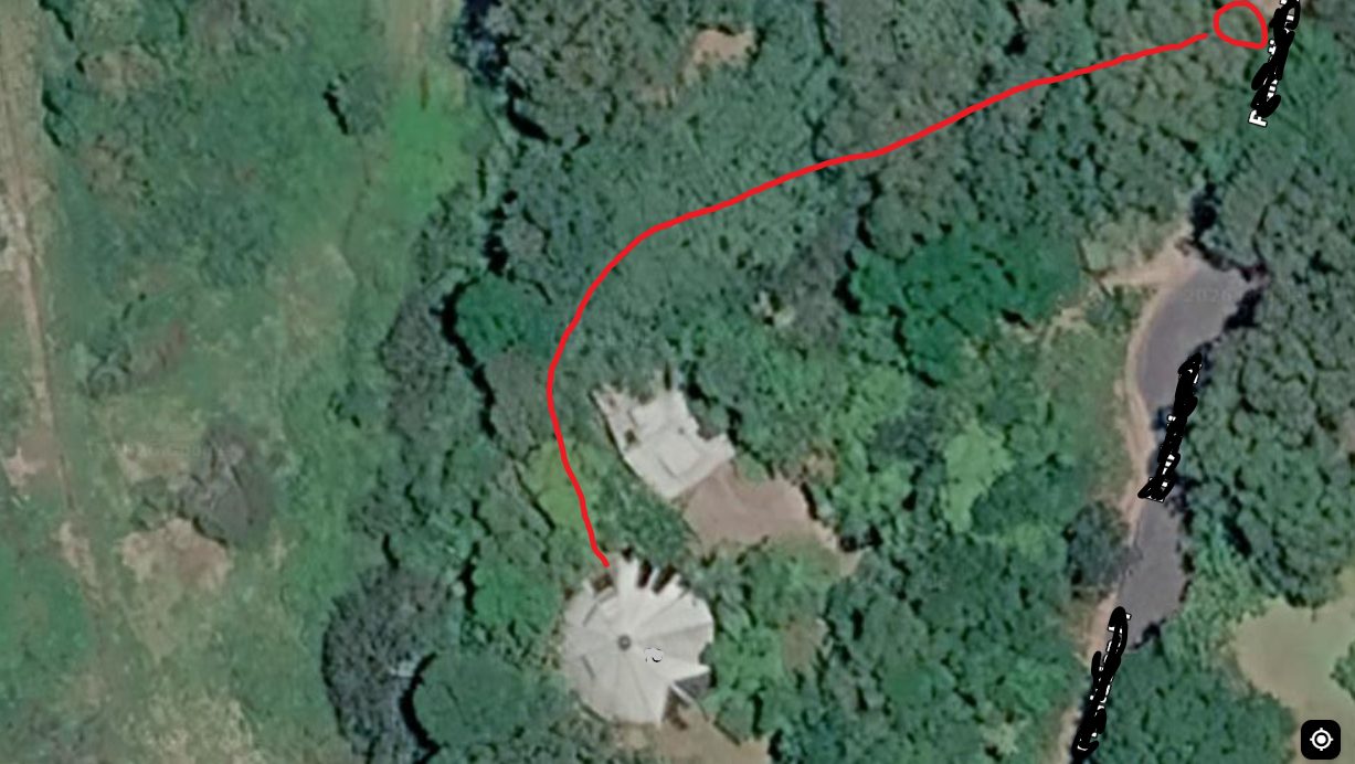 Aerial view showing the long underground service mains route from the network connection to the house