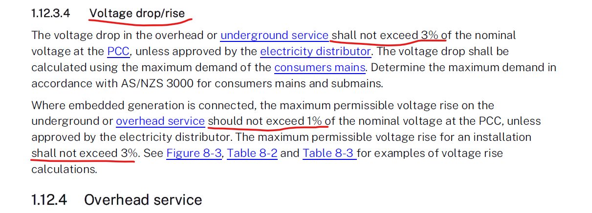 Service rules extract showing the maximum 3% voltage rise for an installation with embedded generation